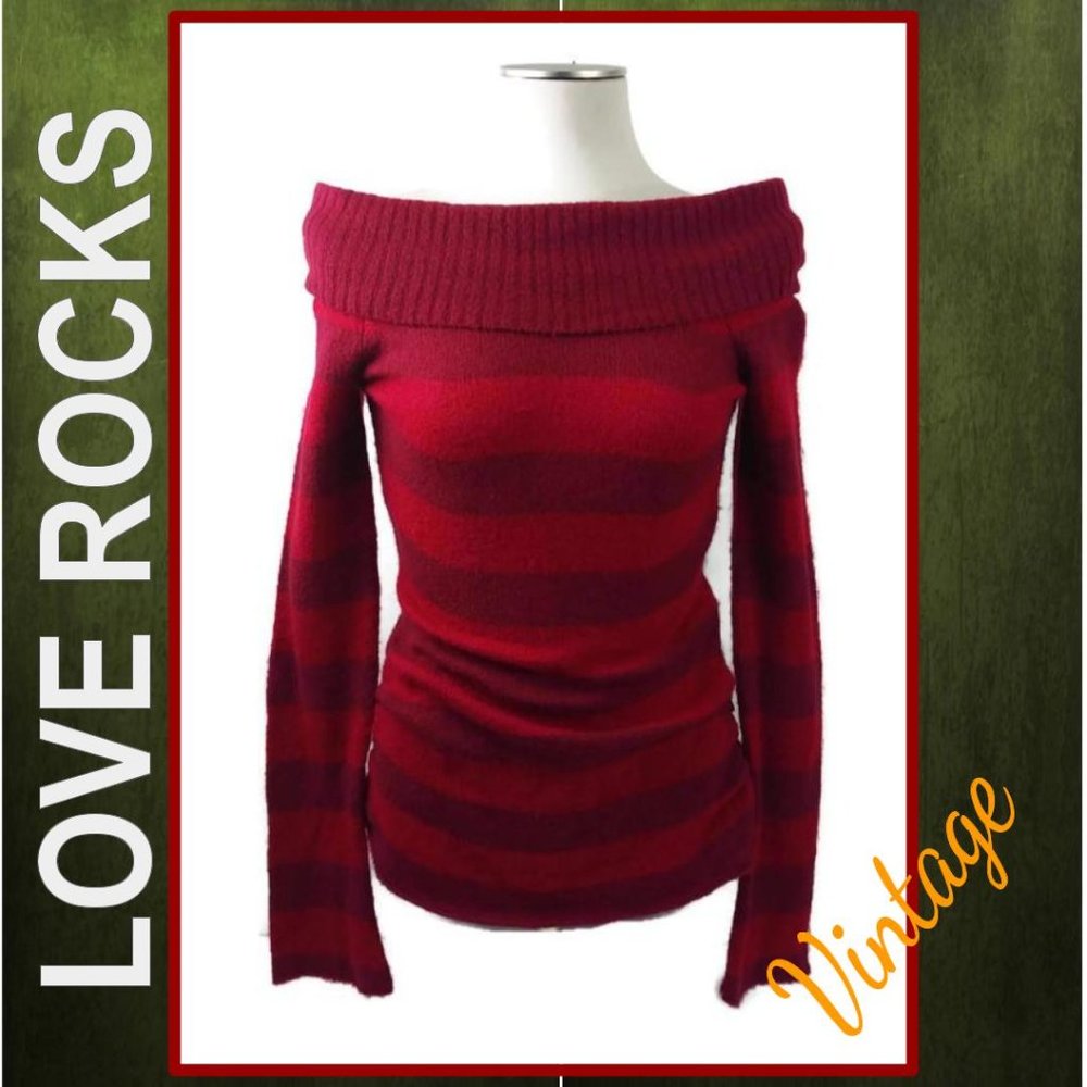 Love Rocks Striped Boat/Cowl Neck Fuzz Sweater